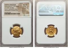 Ancients PONTIC KINGDOM. Time of Mithradates VI (120-63 BC). AV stater (20mm, 8.26 gm, 12h). NGC Choice AU 5/5 - 5/5. In name and types of Lysimachus of Thrace, Tomis, 88-86 BC. Diademed head of deifi