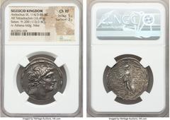 Ancients SELEUCID KINGDOM. Antiochus IX Eusebes Philopator (Cyzicenus) (114-95 BC). AR tetradrachm (30mm, 16.41 gm, 12h). NGC Choice XF 5/5 - 3/5. Sidon, dated Seleucid Era 200 (113/2 BC). Diademed he