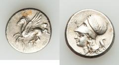 Ancients Greek CORINTHIA. Corinth. Ca. 345-307 BC. AR stater (21mm, 8.56 gm, 12h). Choice VF, scrubbed, die shift. Pegasus with pointed wing flying left; Ϙ below / Head of Athena left, wearing laureat