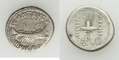 Ancients Roman Republic Marc Antony, as Triumvir and Imperator (43-31 BC). AR denarius (18mm, 3.52 gm, 6h). About VF, bankers mark. Legionary issue, mint moving with Antony in Greece (Aegae or Patrae)