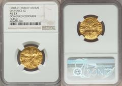 Turkey Ottoman Empire. temp. Mehmed IV to Suleyman II (AH 1058-1102 / AD 1648-1691) gold Double-Counterstamped Ashrafi ND (from AH 1099 / AD 1687) AU53 NGC, Wilski Sah 02 (this coin), ICV-3223 (for ty