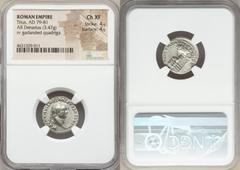 Ancients Roman Imperial Titus (AD 79-81). AR denarius (18mm, 3.47 gm, 5h). NGC Choice XF 4/5 - 4/5. Rome, AD 79. IMP TITVS CAES VESPASIAN AVG P M, laureate head of Titus right / TR P VIIII IMP XIIII C