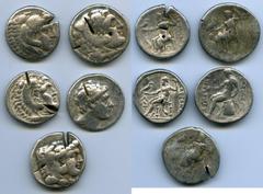 Ancients Ancient Lots ANCIENT LOTS. Greek. Macedonian and Seleucid Kingdoms. Ca. 336-187 BC. Lot of five (5) AR tetradrachms. VG-Fine, test cuts, bankers punches. Includes: (4) Macedonian Kingdom, Ale
