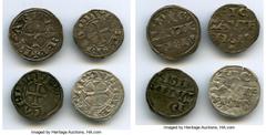 France Poitou. Richard I (1168-1186) 4-Piece Lot of Uncertified Deniers, 1) Denier ND - Good XF, Elias-8g, W&F-340V 1/a (R). 18mm. 1.00gm. 2) Denier ND - AU (light porosity), Elias-8d, W&F-340G 1/c (R