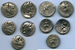 Ancients Ancient Lots ANCIENT LOTS. Greek. Macedonian and Seleucid Kingdoms. Ca. 336-187 BC. Lot of five (5) AR tetradrachms. VG-Fine, test cuts, bankers punches. Includes: (3) Macedonian Kingdom, Ale