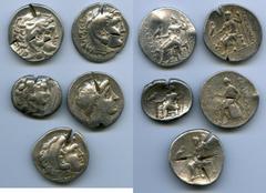 Ancients Ancient Lots ANCIENT LOTS. Greek. Macedonian and Seleucid Kingdoms. Ca. 336-187 BC. Lot of five (5) AR tetradrachms. VG-Fine, test cuts, bankers punches. Includes: (4) Macedonian Kingdom, Ale