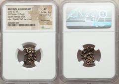 Ancients Celtic BRITAIN. Corieltavi. Ca. 60-20 BC. AV stater (13mm, 3.54 gm). NGC XF 4/5 - 1/5, fragmentary. South Ferriby type. Deconstructed laureate male head right / Celtic horse left with four-po