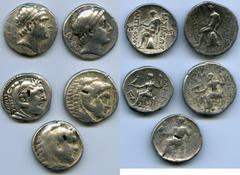 Ancients Ancient Lots ANCIENT LOTS. Greek. Macedonian and Seleucid Kingdoms. Ca. 336-187 BC. Lot of five (5) AR tetradrachms. VG-Fine, test cuts, bankers punches. Includes: (3) Macedonian Kingdom, Ale