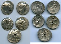 Ancients Ancient Lots ANCIENT LOTS. Greek. Macedonian and Seleucid Kingdoms. Ca. 336-246 BC. Lot of five (5) AR tetradrachms. VG-Fine, test cuts, bankers punches. Includes: (3) Macedonian Kingdom, Ale