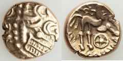 Ancients Celtic BRITAIN. Atrebates and Regni. Commius (ca. 50-25 BC). AV stater (17mm, 5.46 gm, 12h). XF. Devolved laureate head of Apollo right / COMMIOS, Celtic horse galloping right, pattern of pel