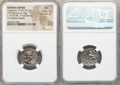 Ancients Roman Imperial Augustus (27 BC-AD 14). AR denarius (19mm, 4.18 gm, 12h). NGC AU 4/5 - 3/5. Rome, ca. 19/18 BC, P. Petronius Turpilianus, moneyer. TVRPILIANVS•III•VIR•FERON, draped bust of Fer