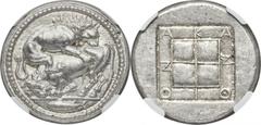 Ancients Greek MACEDON. Acanthus. Ca. 470-430 BC. AR tetradrachm (29mm, 17.32 gm, 6h). NGC MS S 5/5 - 4/5, Fine Style. Lion springing right, biting into hind quarters of bull kneeling to left with hea