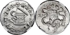 Ancients Greek LYDIA. Sardes. Ca. 166-128 BC. AR cistophorus (29mm, 12.57 gm, 12h). NGC MS 5/5 - 3/5. LYDIA. Sardes. 160-150 BC. Serpent emerging from cista mystica, all within ivy wreath / Bow in bow