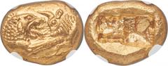 Ancients Greek LYDIAN KINGDOM. Croesus and later (ca. 561-546 BC). AV stater (17mm, 8.08 gm). NGC Gem MS 5/5 - 5/5. Sardes, "Light" standard, ca. 553-539 BC. Confronted foreparts of lion (on left, fac