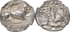 Ancients Greek CYPRUS. Salamis. Evagoras I (ca. 411-374/3 BC). AR stater-didrachm or didrachm (20mm, 6.48 gm, 6h). NGC XF 4/5 - 4/5. Lion reclining right, mouth open, left forepaw raised, on ground li