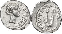 Ancients Roman Republic Q. Servilius Caepio (M. Junius) Brutus, assassin of Caesar and Imperator (44-42 BC). AR denarius (18mm, 3.83 gm, 8h). NGC AU 4/5 - 3/5. Military mint traveling with Brutus in L