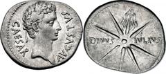 Ancients Roman Imperial Augustus (27 BC-AD 14). AR denarius (21mm, 3.59 gm, 5h). NGC XF 4/5 - 4/5. Spain, Caesaraugusta (?), 19-18 BC. CAESAR-AVGVSTVS, head of Augustus right wearing oak wreath / DIVV