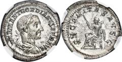 Ancients Roman Imperial Gordian I Africanus (AD 238). AR denarius (21mm, 3.18 gm, 7h). NGC AU 4/5 - 3/5. Rome, March-April, AD 238. IMP M ANT GORDIANVS AFR AVG, laureate, draped and cuirassed bust of 