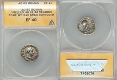 Ancients Roman Imperial Vitellius (AD 69). AR denarius (19mm, 3.26 gm, 5h). ANACS EF 40. Rome, late April-December AD 69. A VITELLIVS GERM IMP AVG TR P, laureate head of Vitellius right / XV VIR-SACR 