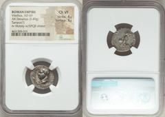Ancients Roman Imperial Vitellius (AD 69). AR denarius (19mm, 3.49 gm, 7h). NGC Choice VF 4/5 - 3/5. Spanish mint (Tarraco?), ca. January-June AD 69. A VITELLIVS-IMP GERMAN, laureate head of Vitellius