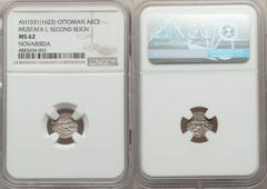 Islamic Dynasties Ottoman Empire. Mustafa I (2nd Reign) Akce AH 1031 (1622) MS62 NGC, Novabirda mint (in Kosovo), KM-Unl., A-1368 (R; for type), Pere-Unl. 11mm. 0.25gm. Though indicated to be slightly
