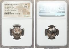 Ancients CORINTHIA. Corinth. Ca. 345-300 BC. AR stater (20mm, 8.52 gm, 11h). NGC VF 3/5 - 4/5. Pegasus flying left; Ϙ below / Head of Athena left, wearing Corinthian helmet pushed back on head; A belo