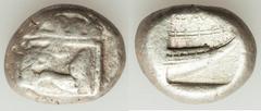 Ancients Greek LYCIA. Phaselis. Ca. 530-500 BC. AR stater (19mm, 10.94 gm, 6h). About VF. Prow of galley left in the form of a forepart of a boar, three shields above / ΦΑΣ, stern of galley right with