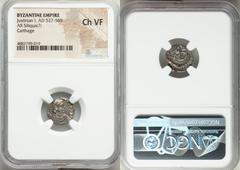 Ancients Byzantine Justinian I the Great (AD 527-565). AR siliqua (14mm, 1.22 gm, 7h). NGC Choice VF. Carthage, ca. AD 534/7-552. D N IVSTINI-ANVS P P AG, pearl-diademed, draped and cuirassed bust of 