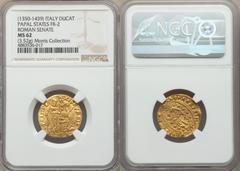Italy Papal States. Roman Senate gold Ducat ND (1350-1439) MS62 NGC, Fr-2, CNI-XVa.628var, Ives-Plate VII, B-151. 21mm. 3.52gm. 3rd Period. S • PЄTRVS • | ΛTOR VRBIS, doge kneeling left before St. Pet