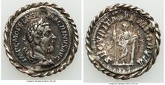 Ancients Roman Imperial Macrinus (AD 217-218). AR denarius (21mm, 3.68 gm, 11h). VF, holed and plugged, mounted. Rome. IMP C M OPEL SEV MACRINVS AVG, laureate, draped and cuirassed bust of Macrinus ri