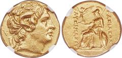 Ancient Coins Ancients THRACIAN KINGDOM. Lysimachus (305-281 BC). AV stater (18mm, 8.43 gm, 12h). NGC MS★ 5/5 - 4/5. Ephesus, ca. 295/4-289/8 BC. Diademed head deified Alexander III right, wearing hor