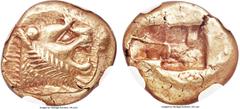 Ancient Coins Ancients LYDIAN KINGDOM. Alyattes or Walwet (ca. 610-546 BC). EL third stater or trite (13mm, 4.75 gm). NGC Choice AU 5/5 - 5/5. Uninscribed, Lydo-Milesian standard. Sardes mint. Head of