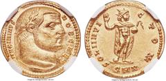 Ancient Coins Ancients Maximinus II, as Caesar (AD 310-313). AV aureus (20mm, 5.32 gm, 12h). NGC MS 5/5 - 3/5. Nicomedia, AD 305-306. MAXIMINVS-NOB CAES, laureate head of Maximinus I right / SOLI INVI
