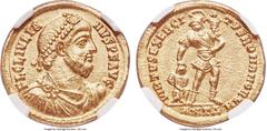 Ancient Coins Ancients Julian II, as Augustus (AD 360-363). AV solidus (21mm, 4.50 gm, 6h). NGC MS 5/5 - 3/5. Antioch, 4th officina, AD 361-363. FL CL IVLIA-NVS P F AVG, pearl-diademed, draped and cui