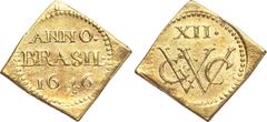 World Coins: Afghanistan to Italy Brazil Pernambuco. Dutch Colony - Geoctroyeede West-Indische Compagnie (GWC) gold Klippe 12 Guilders (Florins) 1646 AU (Altered Surfaces), LMB-6, Scholten-1447. 7.56g