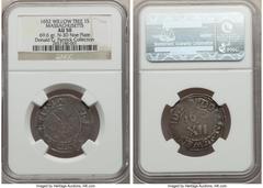 Colonials 1652 SHILNG Willow Tree Shilling AU50 NGC. Noe 3-D, W-190, Salmon 3-D, R.7. 69.6 grains. Ex: Donald G. Partrick Collection. A well-defined Willow Tree shilling that displays all but the uppe