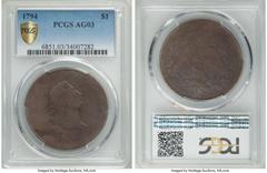 Early Dollars 1794 $1 B-1, BB-1, R.4, AG3 PCGS. Bowers Die State III. The Martin A. Logies reference lists 134 identified specimens of the 1794 dollar, but this well-circulated coin is not among them.