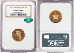 Proof Four Dollar Gold Pieces 1879 $4 Flowing Hair, Judd-1635, Pollock-1833, JD-1, R.3, PR65 Cameo NGC. CAC. The United States repeatedly took steps throughout the 19th century to introduce new denomi