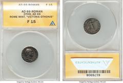 Ancients Otho (January-April AD 69). AR denarius (16mm, 5h). ANACS Fine 15. Rome, 15 January-9 March AD 69. IMP M OTHO CAESAR AVG TR P, bare, bewigged head of Otho right / VICTORIA-OTHONIS, Victory ad