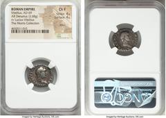 Ancients Vitellius (July-December AD 69). AR denarius (19mm, 2.68 gm, 6h). NGC Choice Fine 4/5 - 4/5, marks. Rome. A VITELLIVS GERM IMP AVG TR P, laureate head of Vitellius right / L VITELLIVS COS III