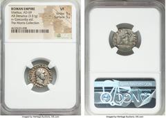 Ancients Vitellius (July-December AD 69). AR denarius (18mm, 3.51 gm, 6h). NGC VF 5/5 - 5/5. Rome. A VITELLIVS GERM IMP AVG TR P, laureate head of Vitellius right / CONCOR-DIA P R, Concordia seated le