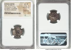 Ancients Geta, as Caesar (AD 209-211). AR denarius (18mm, 2.55 gm, 7h). NGC Choice VF 4/5 - 2/5, edge marks. Rome, AD 208. P SEPTIMIVS GETA CAES, bare headed, draped bust of Geta right, seen from behi