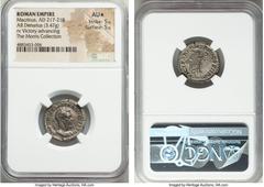 Ancients Macrinus (AD 217-218). AR denarius (20mm, 3.47 gm, 6h). NGC AU★ 5/5 - 5/5. Rome, January-June AD 218. IMP C M OPEL SEV MACRINVS AVG, laureate, cuirassed bust right, wearing long beard / VICT 