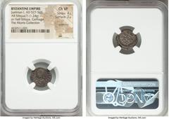 Ancients Justinian I the Great (AD 527-565). AR siliqua or half-siliqua (15mm, 1.24 gm, 5h). NGC Choice VF 4/5 - 2/5, scratches. Carthage, AD 533-537. D N IVSTINI-ANVS P P AG, pearl-diademed, draped a