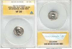 Ancients Roman Imperial Vitellius (July-December AD 69). AR denarius (17mm, 7h). ANACS VF 35. Rome. A VITELLIVS GERM IMP AVG TR P, laureate head of Vitellius right / XV VIR-SACR FAC, tripod-lebes surm