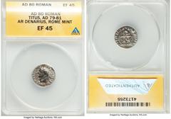 Ancients Roman Imperial Titus (AD 79-81). AR denarius (16mm, 6h). ANACS EF 45. Rome, January-June AD 80. IMP TITVS CAES VESPASIAN AVG P M, laureate head of Titus left / TR P IX IMP XV COS VIII P P, la