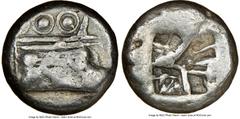 Ancients Greek LYCIA. Phaselis. Ca. 500-440 BC. AR stater (19mm) NGC VF. Prow of galley right, in the form of a boar's head and foreleg, three shields above / Rough tripartite incuse square. SNG von A