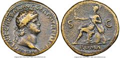 Ancients Roman Imperial Nero (AD 54-68). AE sestertius (35mm, 6h). NGC Choice Fine. Rome, ca. AD 65. NERO•CLAVD•CAESAR•AVG•GER•P•M•TR•P•IMP•P•P, laureate head of Nero right / Roma seated left on cuira