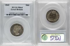 Victoria Young Head Proof Shilling 1842, S-3904, Plain Edge, extremely rare ("R6" was noted on the Spink ticket when this coin was purchased from them by the consignor, he noted to us), now PR64 PCGS,