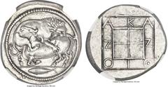 Ancients MACEDON. Acanthus. Ca. 470-430 BC. AR tetradrachm (28mm, 17.36 gm, 2h). NGC Choice AU★ 5/5 - 4/5, Fine Style. Lion springing right, biting into hind quarters of bull kneeling to left with hea